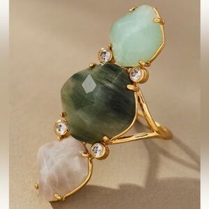 Anthropologie Triple Stone Glitzy Cocktail Ring | Moss | Size 7 | NWT
